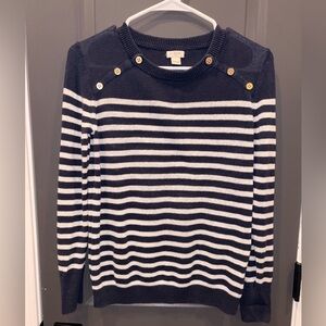 J. Crew Coastal French Inspired Navy White Striped Sweater Gold-toned Buttons